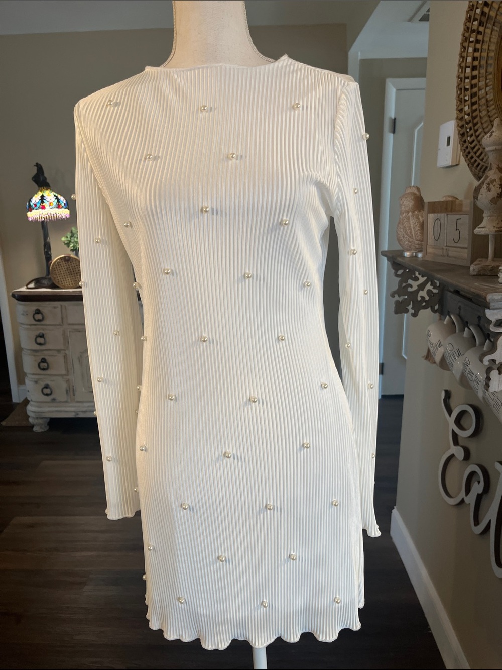 Pearl-Appliqué Ivory Ribbed Long-Sleeve Dress